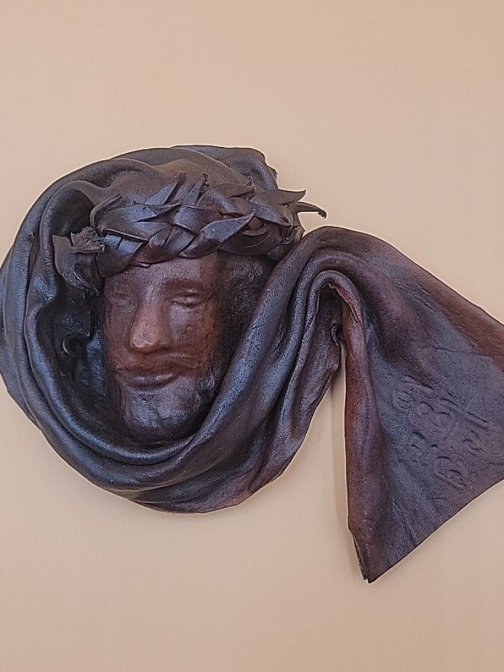 VTG 3D Tooled Leather Jesus Face Wall Hanging Art Costa Rica Religious Folk Art